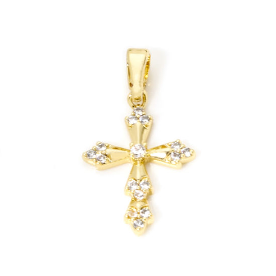 Picture of 2 PCs Brass Religious Charm Pendant 18K Real Gold Plated Cross Clear Cubic Zirconia 23mm x 13mm