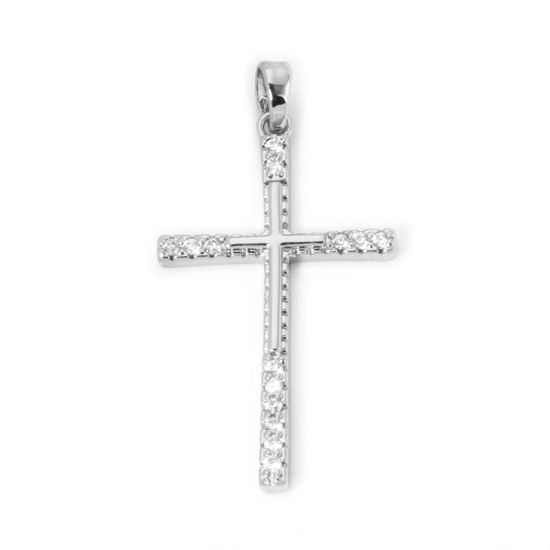 Picture of 2 PCs Brass Religious Pendants Real Platinum Plated Cross Micro Pave Clear Cubic Zirconia 3.9cm x 2cm