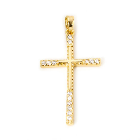 Picture of 2 PCs Brass Religious Pendants 18K Real Gold Plated Cross Micro Pave Clear Cubic Zirconia 3.9cm x 2cm