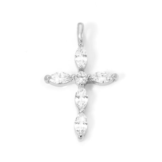 Picture of 2 PCs Brass Religious Charms Real Platinum Plated Cross Clear Cubic Zirconia 29.5mm x 17.5mm