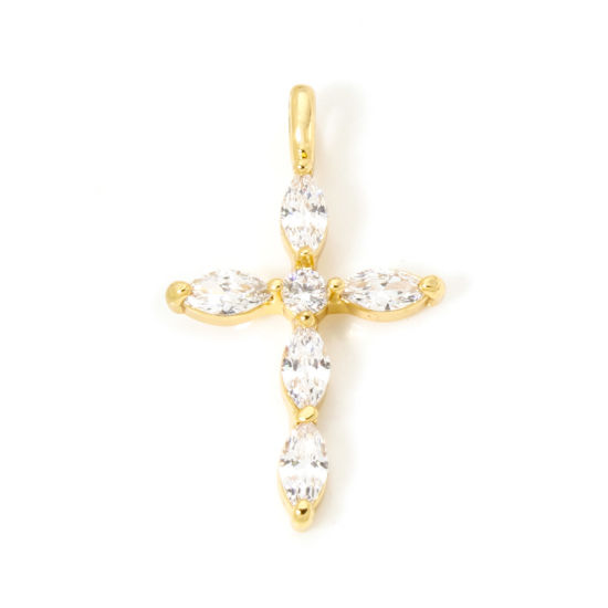 Picture of 2 PCs Brass Religious Charms 18K Real Gold Plated Cross Clear Cubic Zirconia 29.5mm x 17.5mm