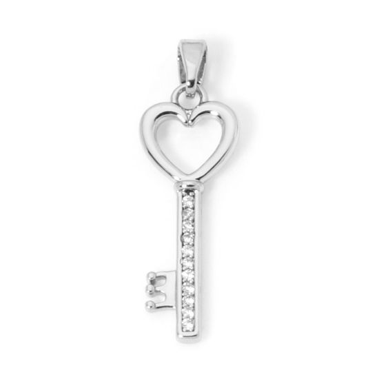 Image de 2 Pcs Pendentifs en Laiton Clé Plaqué Platine Cœur Micro Pave à Zircone Cubique Clair 3cm x 0.9cm