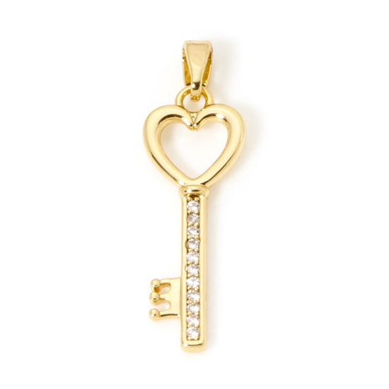 Image de 2 Pcs Pendentifs en Laiton Clé Plaqué Or 18K Cœur Micro Pave à Zircone Cubique Clair 3cm x 0.9cm