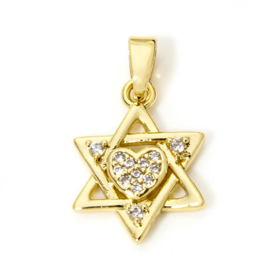 Picture of 2 PCs Brass Religious Charm Pendant 18K Gold Plated Star Of David Hexagram Micro Pave Clear Cubic Zirconia 21mm x 12mm