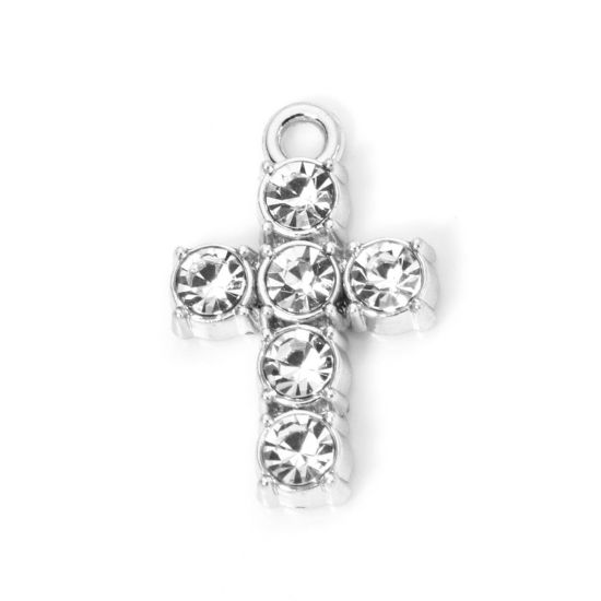 Bild von 10 Stück Zinklegierung Religiös Charmes Silberfarbe Kreuz Transparent Strass 19mm x 12mm