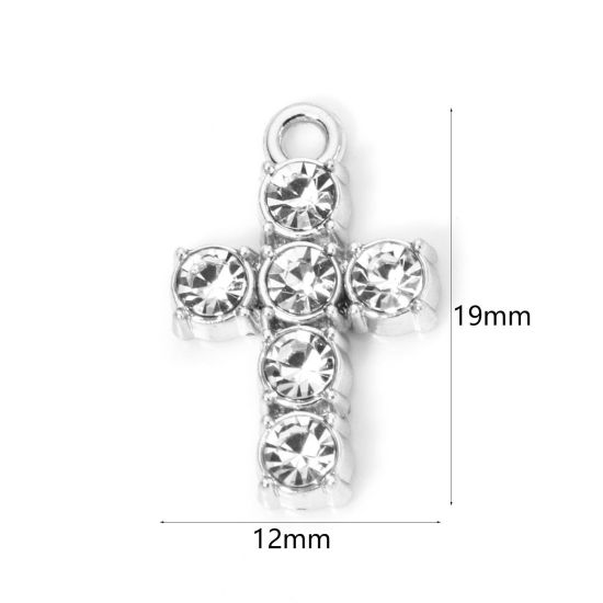 Bild von 10 Stück Zinklegierung Religiös Charmes Silberfarbe Kreuz Transparent Strass 19mm x 12mm