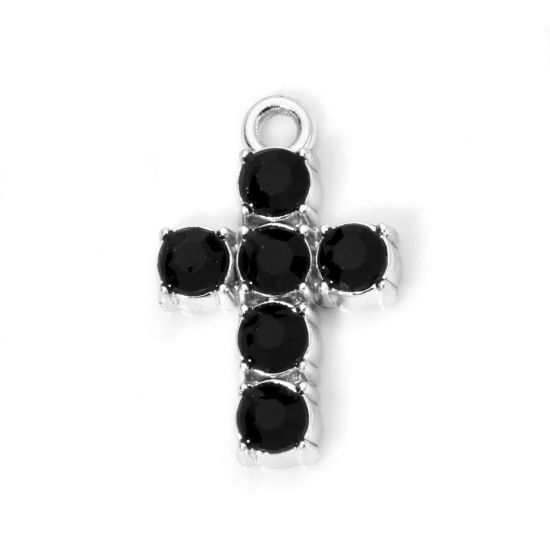 Bild von 10 Stück Zinklegierung Religiös Charmes Silberfarbe Kreuz Schwarz Strass 19mm x 12mm