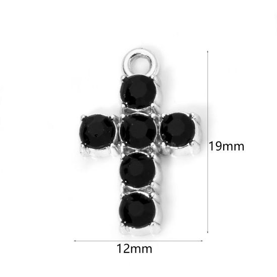 Bild von 10 Stück Zinklegierung Religiös Charmes Silberfarbe Kreuz Schwarz Strass 19mm x 12mm