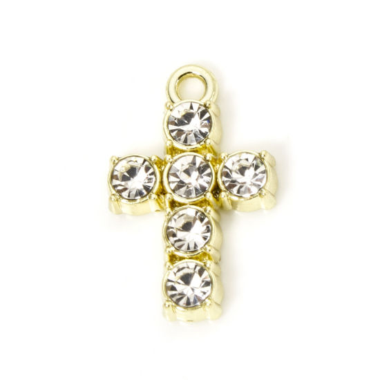 Bild von 10 Stück Zinklegierung Religiös Charmes Vergoldet Kreuz Transparent Strass 19mm x 12mm