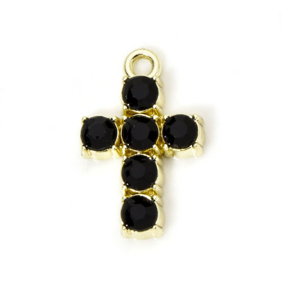 Bild von 10 Stück Zinklegierung Religiös Charmes Vergoldet Kreuz Schwarz Strass 19mm x 12mm