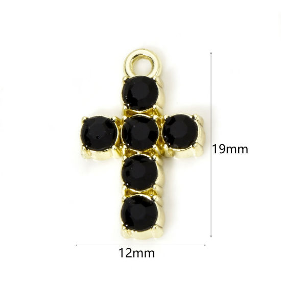 Bild von 10 Stück Zinklegierung Religiös Charmes Vergoldet Kreuz Schwarz Strass 19mm x 12mm