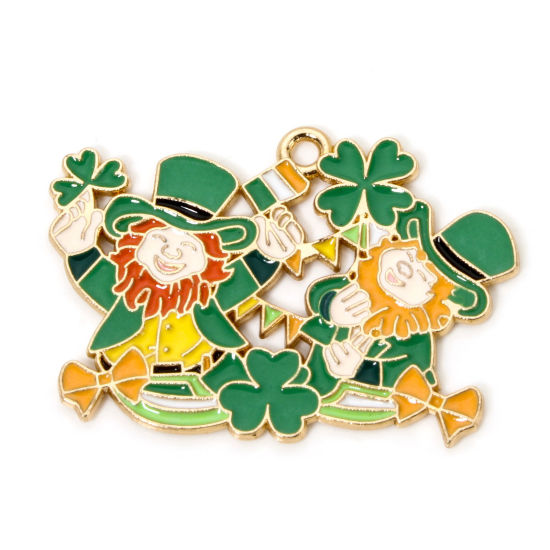 Picture of 10 PCs Zinc Based Alloy St Patrick's Day Pendants Gold Plated Multicolor Four Leaf Clover Enamel 3.5cm x 2.5cm