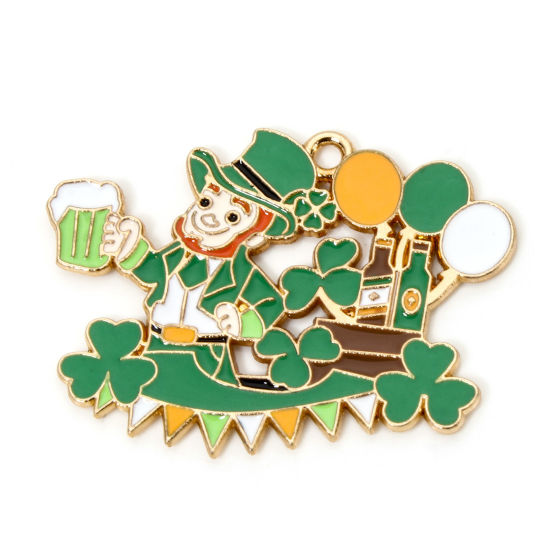 Picture of 10 PCs Zinc Based Alloy St Patrick's Day Pendants Gold Plated Multicolor Beer Mug Enamel 3.5cm x 2.6cm