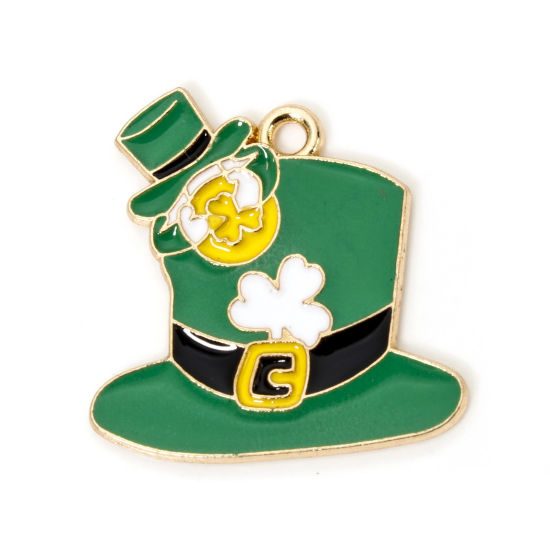 Picture of 10 PCs Zinc Based Alloy St Patrick's Day Charms Gold Plated Multicolor Hat Enamel 24mm x 23mm