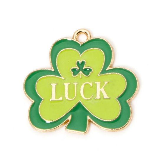 Picture of 10 PCs Zinc Based Alloy St Patrick's Day Charms Gold Plated Multicolor Leaf Clover Shamrock Message " LUCK " Enamel 25mm x 24mm