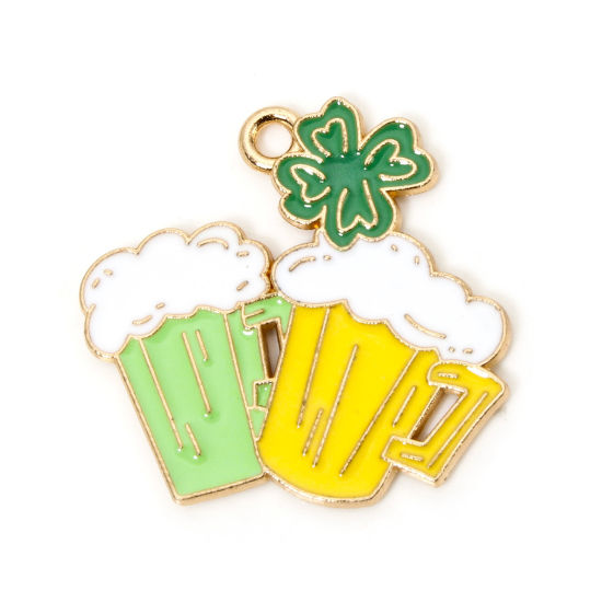 Picture of 10 PCs Zinc Based Alloy St Patrick's Day Charms Gold Plated Multicolor Beer Mug Enamel 25mm x 25mm