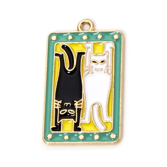 Picture of 10 PCs Zinc Based Alloy Pendants Gold Plated Multicolor Cat Animal Rectangle Enamel 3cm x 1.8cm