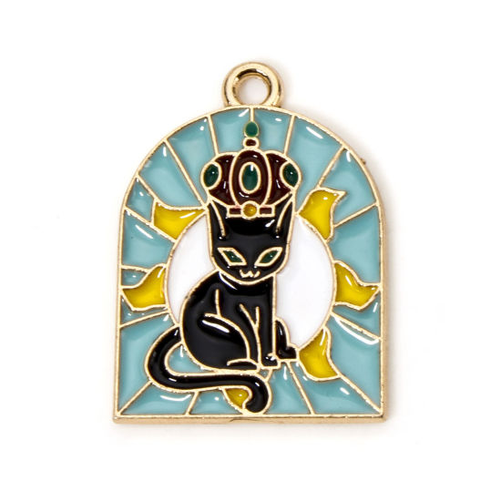 Picture of 10 PCs Zinc Based Alloy Charms Gold Plated Multicolor Cat Animal Sun Enamel 25mm x 18mm