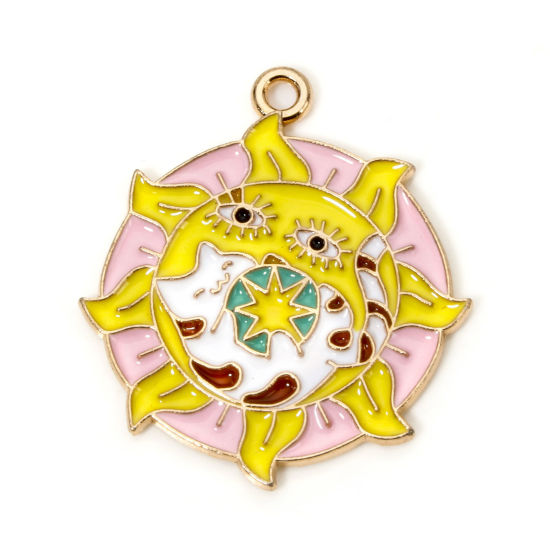 Picture of 10 PCs Zinc Based Alloy Charms Gold Plated Multicolor Cat Animal Sun Enamel 29mm x 25mm