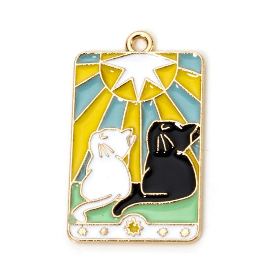 Picture of 10 PCs Zinc Based Alloy Pendants Gold Plated Multicolor Cat Animal Sun Enamel 3cm x 1.8cm