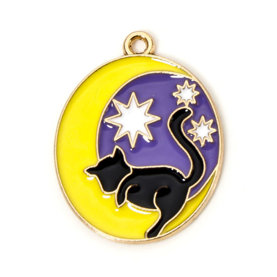 Picture of 10 PCs Zinc Based Alloy Charms Gold Plated Multicolor Cat Animal Moon Enamel 27mm x 21mm