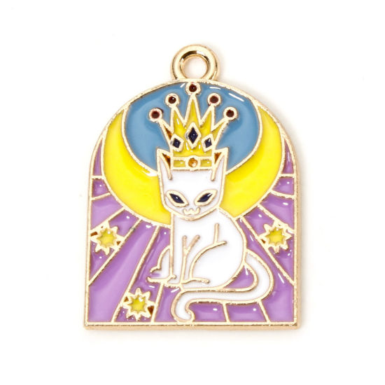 Picture of 10 PCs Zinc Based Alloy Charms Gold Plated Multicolor Cat Animal Sun Enamel 25mm x 18mm