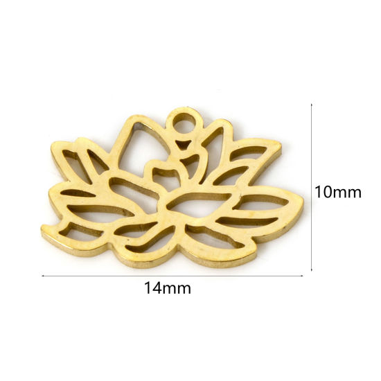 Image de 2 Pcs Breloques en 304 Acier Inoxydable Fleur de Mois de Naissance juillet Doré Fleur de Lotus Creux 14mm x 10mm