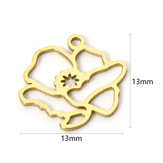 Image de 2 Pcs Breloques en 304 Acier Inoxydable Fleur de Mois de Naissance août Doré Pavot Coquelicot Creux 13mm x 13mm