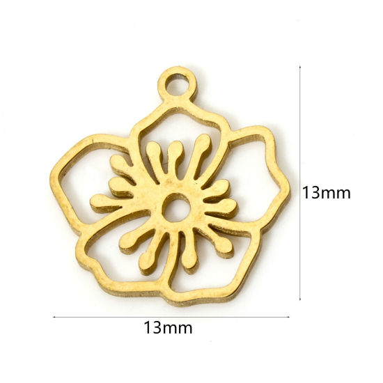 Image de 2 Pcs Breloques en 304 Acier Inoxydable Fleur de Mois de Naissance mai Doré Fleur d'Aubépine Creux 13mm x 13mm