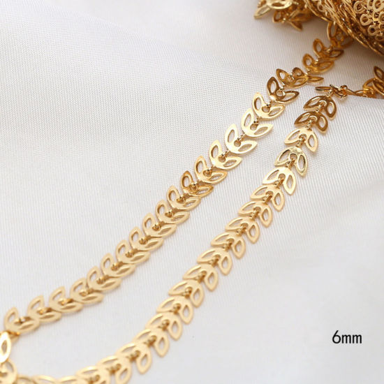 Picture of 1 M Brass Link Chain For Handmade DIY Jewelry Making Findings Leaf 18K Gold Plated 6mm