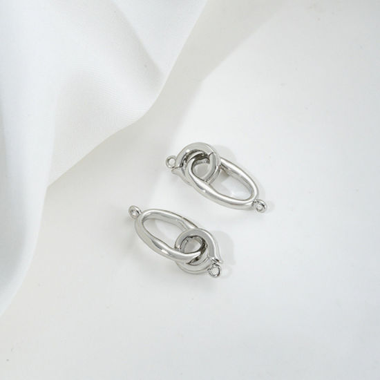 Picture of 2 PCs Eco-friendly Brass Connectors Clasp Circle Ring Real Platinum Plated 16mm x 9mm