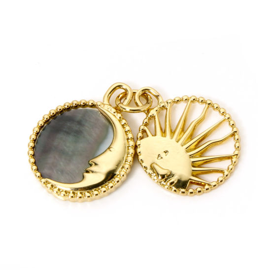 Picture of 1 Piece Eco-friendly Natural Shell & Brass Galaxy Charms 18K Real Gold Plated Sun Moon 21mm x 14mm