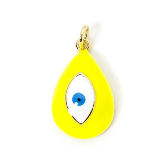 Immagine di 1 Pz Ecologico Ottone Religione Ciondoli Goccia 18K Vero Oro Placcato Giallo Malocchio Smalto 24mm x 13mm