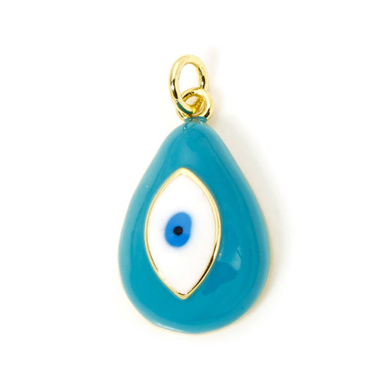 Immagine di 1 Pz Ecologico Ottone Religione Ciondoli Goccia 18K Vero Oro Placcato Verde Blu Malocchio Smalto 24mm x 13mm