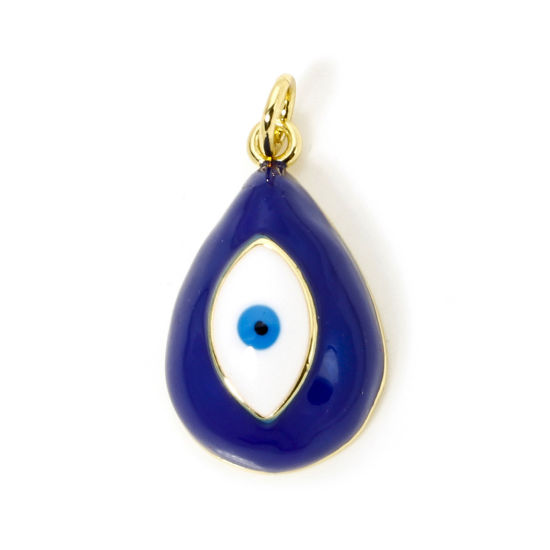 Immagine di 1 Pz Ecologico Ottone Religione Ciondoli Goccia 18K Vero Oro Placcato Blu Scuro Malocchio Smalto 24mm x 13mm