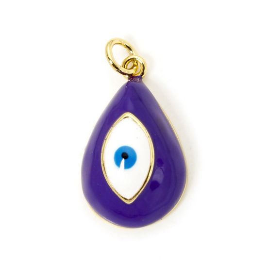 Immagine di 1 Pz Ecologico Ottone Religione Ciondoli Goccia 18K Vero Oro Placcato Colore Viola Malocchio Smalto 24mm x 13mm