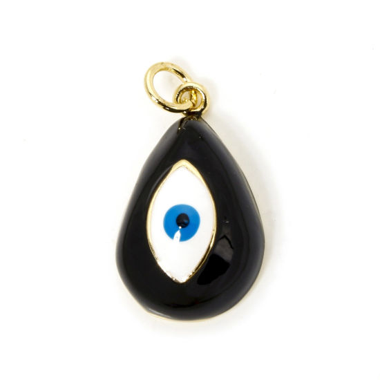 Immagine di 1 Pz Ecologico Ottone Religione Ciondoli Goccia 18K Vero Oro Placcato Nero Malocchio Smalto 24mm x 13mm