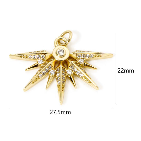 Picture of 1 Piece Eco-friendly Brass Micro Pave Charms 18K Real Gold Plated Fan-shaped Sun Rays Micro Pave Clear Cubic Zirconia 27.5mm x 22mm