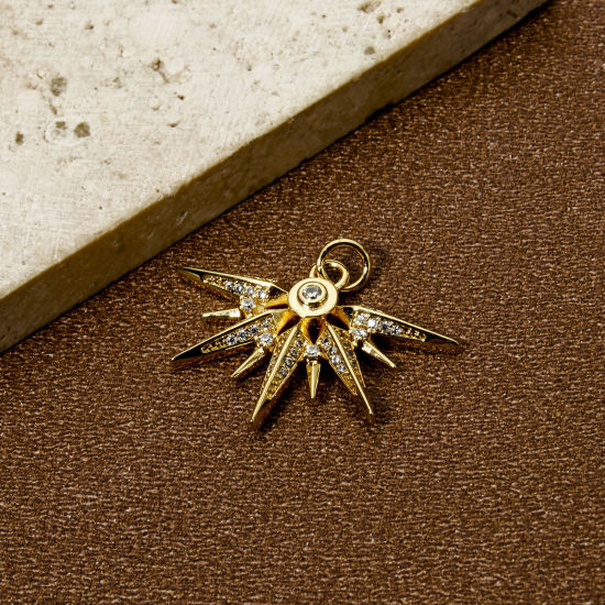 Picture of 1 Piece Eco-friendly Brass Micro Pave Charms 18K Real Gold Plated Fan-shaped Sun Rays Micro Pave Clear Cubic Zirconia 27.5mm x 22mm