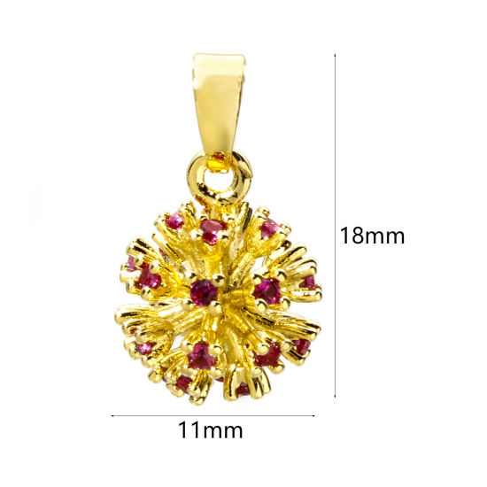 Image de 2 Pcs Pendentif Breloque en Laiton Respectueux de la Nature Feu d'artifice Plaqué Or Véritable 18K 3D à Zircone Cubique Fuchsia 18mm x 11mm