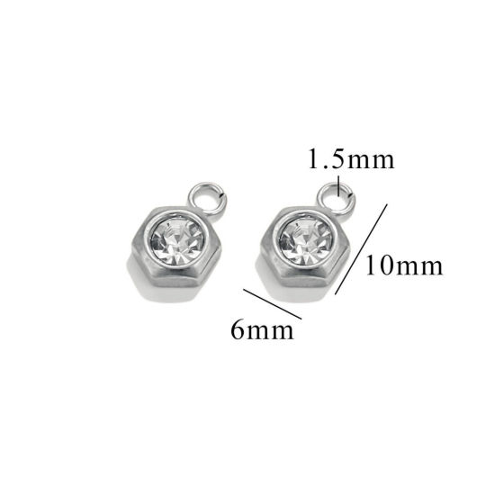 Image de 10 Pcs Breloques en 304 Acier Inoxydable Mini Hexagone Argent Mat à Strass Transparent 9.5mm x 6mm