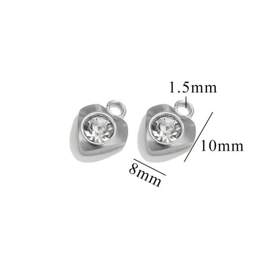 Image de 10 Pcs Breloques en 304 Acier Inoxydable Mini Cœur Argent Mat à Strass Transparent 9.5mm x 8mm