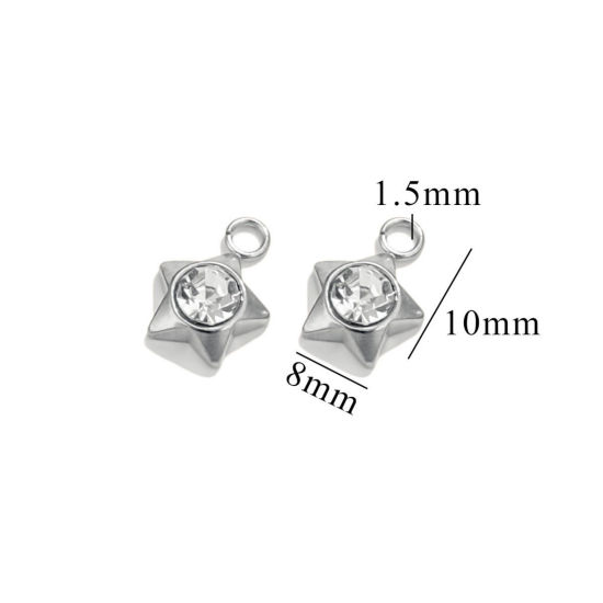 Image de 10 Pcs Breloques en 304 Acier Inoxydable Mini Etoile Argent Mat à Strass Transparent 10mm x 8mm