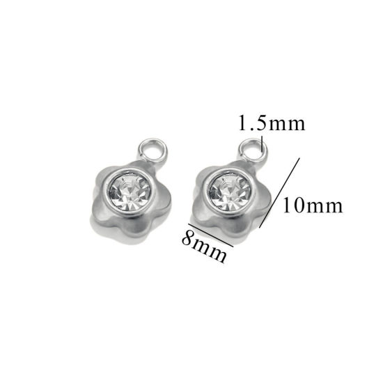 Image de 10 Pcs Breloques en 304 Acier Inoxydable Mini Fleur Argent Mat à Strass Transparent 10mm x 8mm