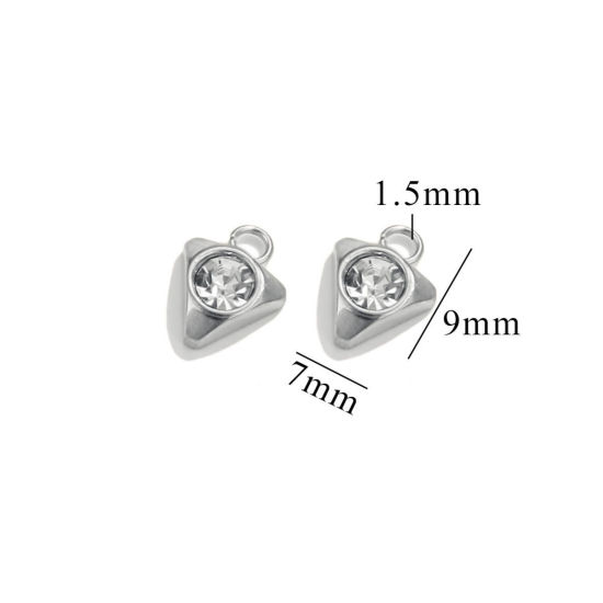 Image de 10 Pcs Breloques en 304 Acier Inoxydable Mini Triangle Argent Mat à Strass Transparent 9mm x 7mm