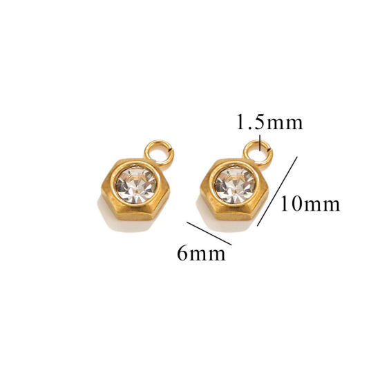 Image de 10 Pcs Breloques en 304 Acier Inoxydable Placage sous Vide Mini Hexagone Plaqué Or 18K à Strass Transparent 9.5mm x 6mm