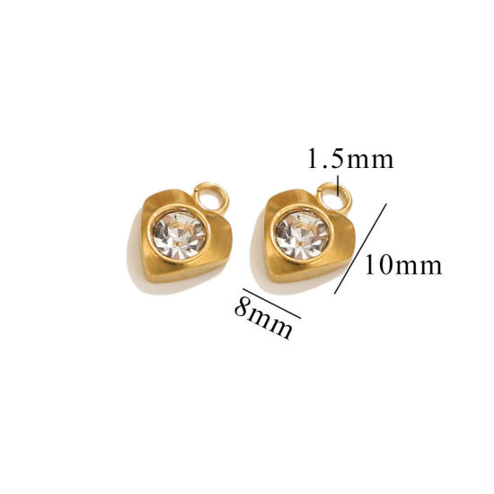 Image de 10 Pcs Breloques en 304 Acier Inoxydable Placage sous Vide Mini Cœur Plaqué Or 18K à Strass Transparent 9.5mm x 8mm