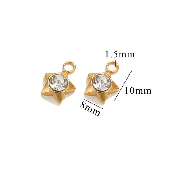 Image de 10 Pcs Breloques en 304 Acier Inoxydable Placage sous Vide Mini Etoile Plaqué Or 18K à Strass Transparent 10mm x 8mm