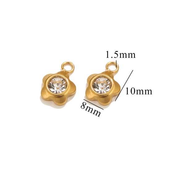 Image de 10 Pcs Breloques en 304 Acier Inoxydable Placage sous Vide Mini Fleur Plaqué Or 18K à Strass Transparent 10mm x 8mm