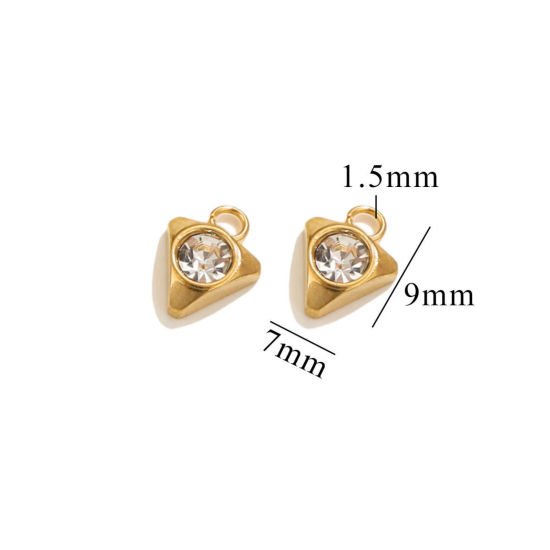 Image de 10 Pcs Breloques en 304 Acier Inoxydable Placage sous Vide Mini Triangle Plaqué Or 18K à Strass Transparent 9mm x 7mm